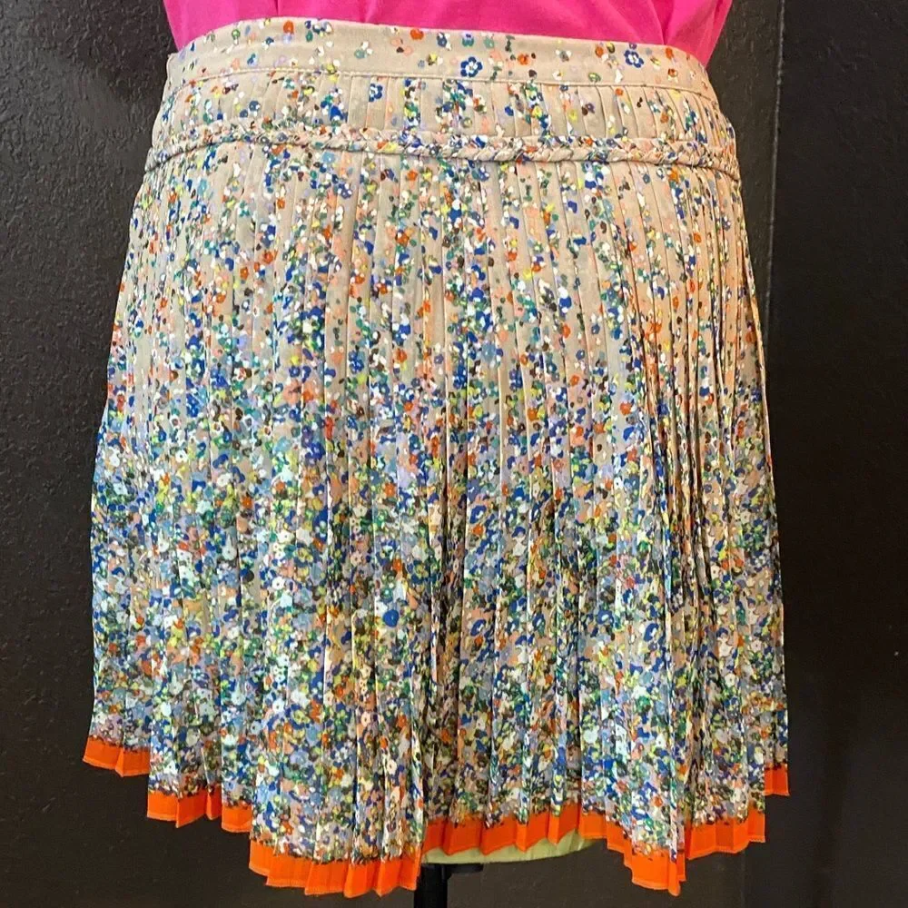 AMERICAN Eagle‎ Outfitters pleated tan floral flowy Georgette skater mini skirt